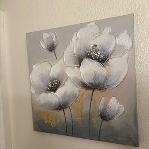 Floral Canvas Art with White and Gold Accents
